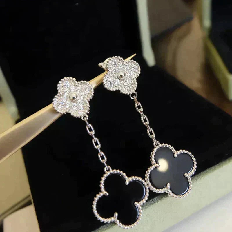 ¡®Imperial¡¯CLOVER 2 MOTIFS  DIAMOND ONYX EARRINGS SILVER