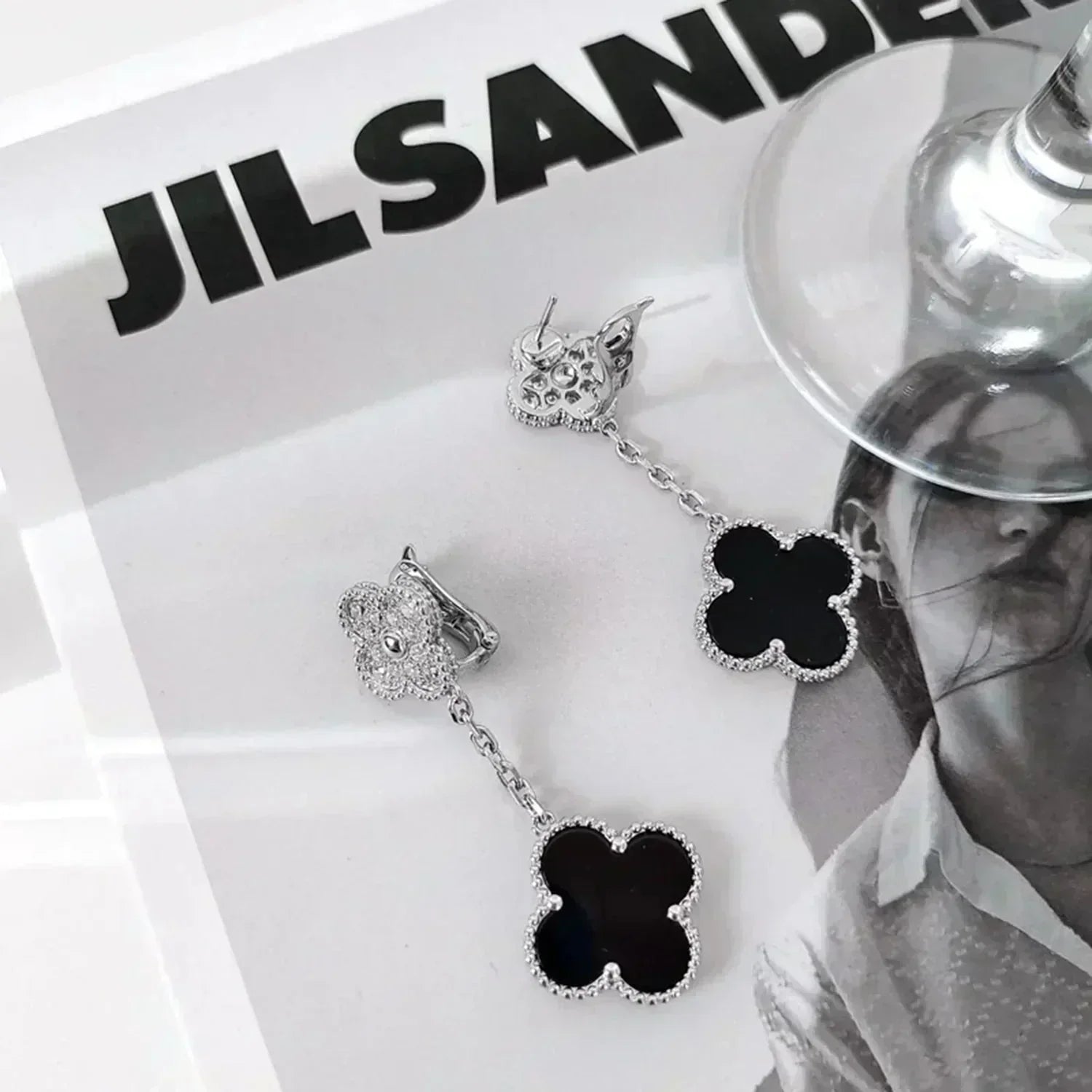 ¡®Imperial¡¯CLOVER 2 MOTIFS  DIAMOND ONYX EARRINGS SILVER