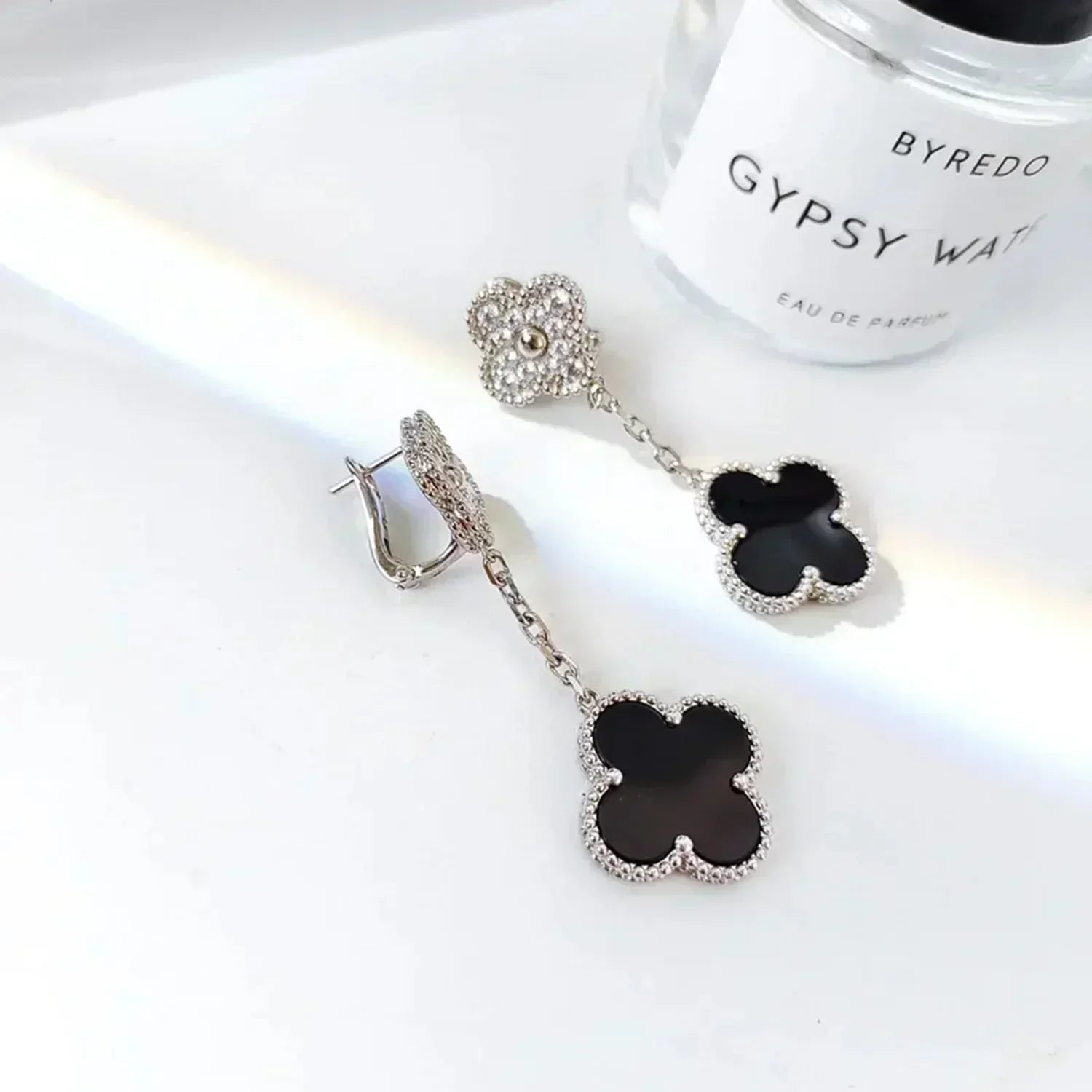 ¡®Imperial¡¯CLOVER 2 MOTIFS  DIAMOND ONYX EARRINGS SILVER