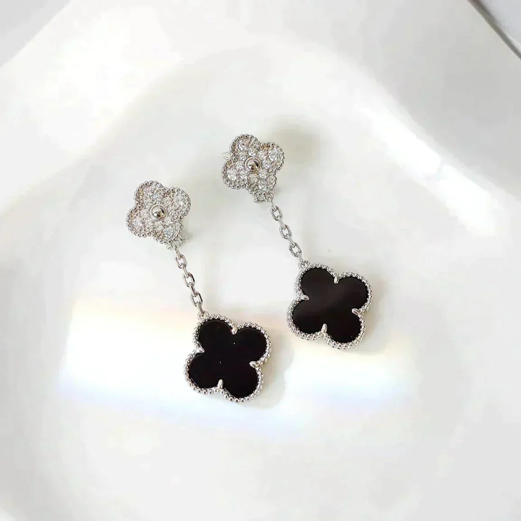 ¡®Imperial¡¯CLOVER 2 MOTIFS  DIAMOND ONYX EARRINGS SILVER