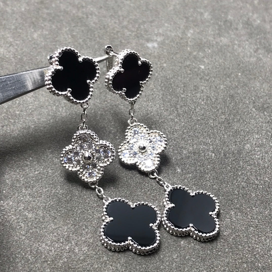 ¡®Imperial¡¯CLOVER 3 MOTIF DIAMOND ONYX SILVER EARRINGS