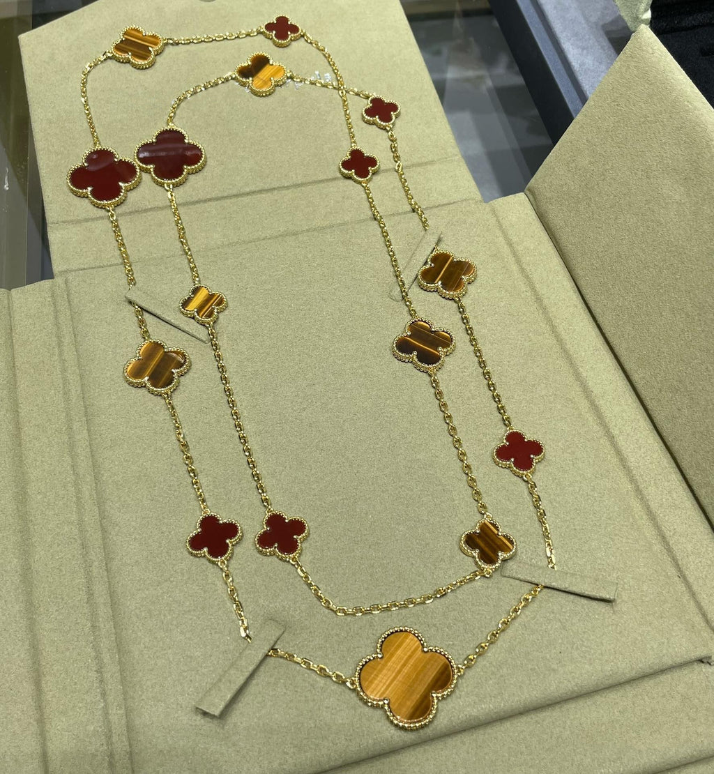 ¡®Imperial¡¯CLOVER 16 MOTIF CARNELIAN TIGER EYE ROSE GOLD NECKLACE