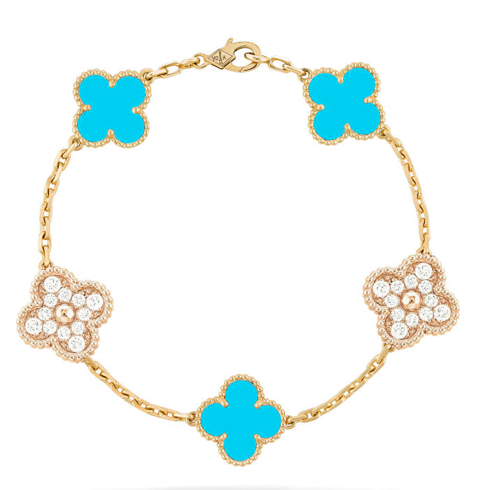 ¡®Imperial¡¯CLOVER 5 MOTIF TURQUOISE DIAMOND GOLD BRACELET