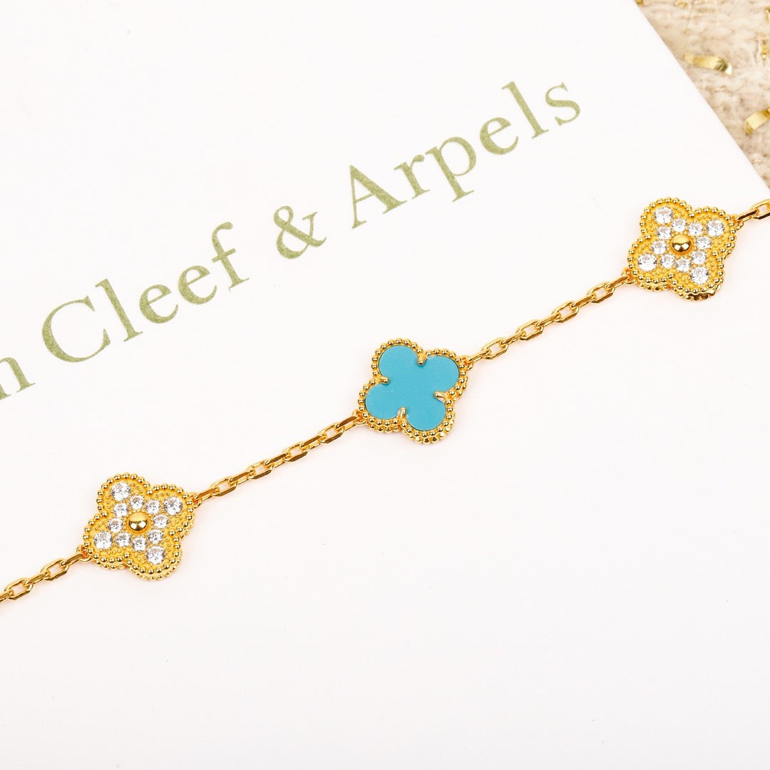 ¡®Imperial¡¯CLOVER 5 MOTIF TURQUOISE DIAMOND GOLD BRACELET