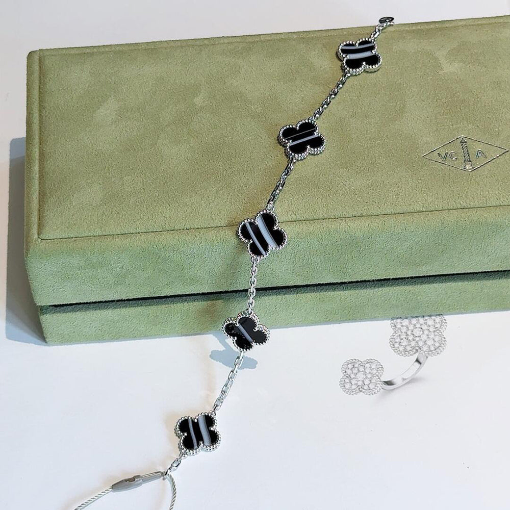 ¡®Imperial¡¯CLOVER 5 MOTIF VEINED ONYX BRACELET SILVER