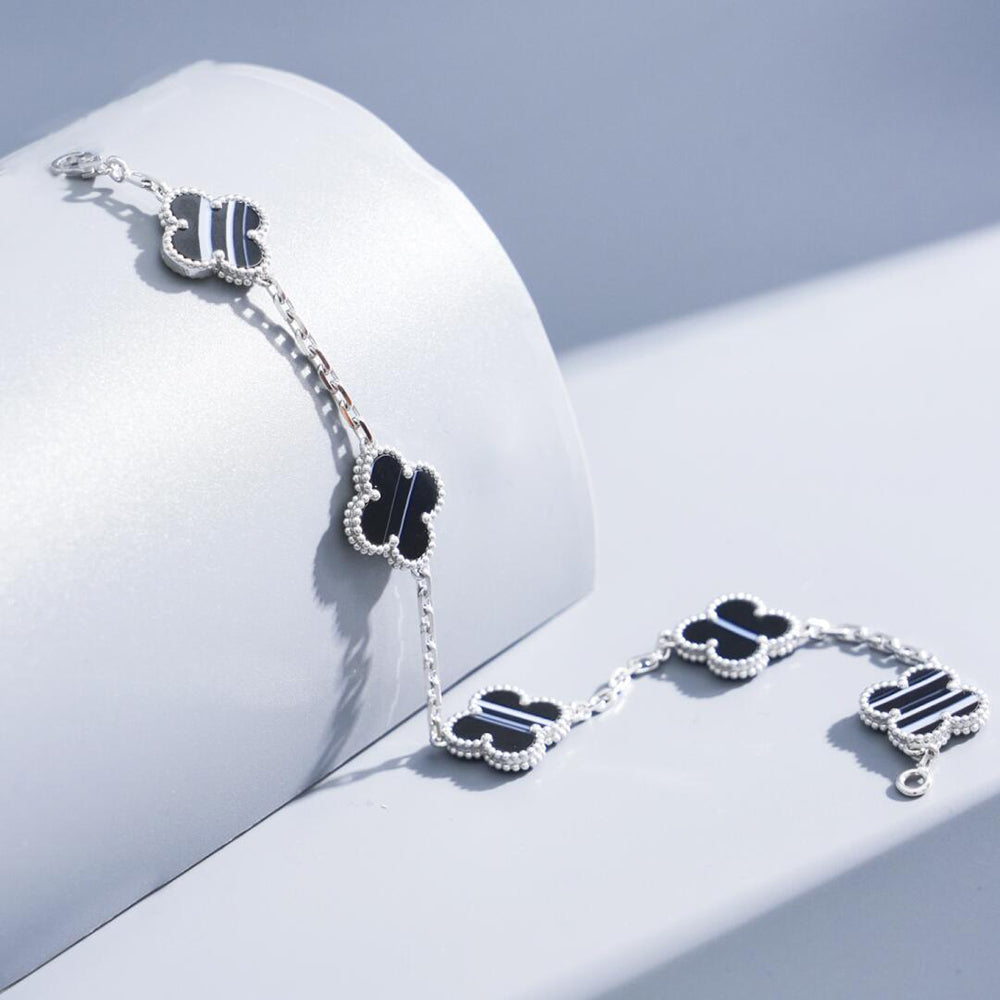 ¡®Imperial¡¯CLOVER 5 MOTIF VEINED ONYX BRACELET SILVER